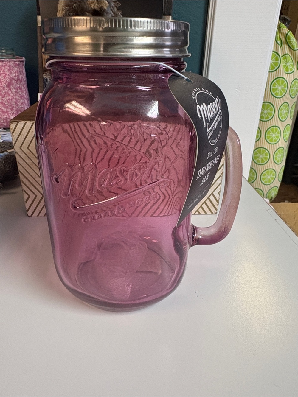 Mason Pink Tinted  Glass Mason Jar Mug with Handle and Silver Lid 32oz NWT